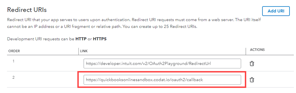 Enter the Redirect URI for the Codat QuickBooks Online Sandbox integration.
